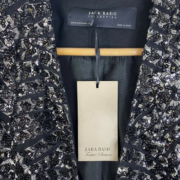 Zara Basic Collection Womens Black Embroidered Sequin Blazer Jacket Size Medium - Picture 4 of 6